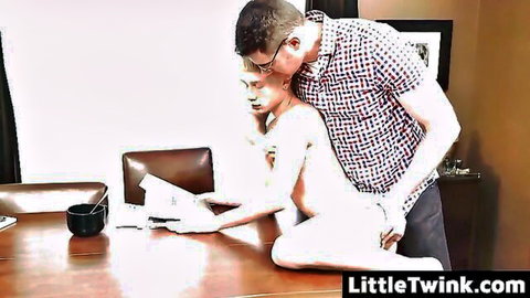 Nude slim woman on desk gripped by man from behind in office tease