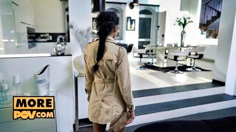 Romy Indy in sexy beige trench coat, walking tease in POV