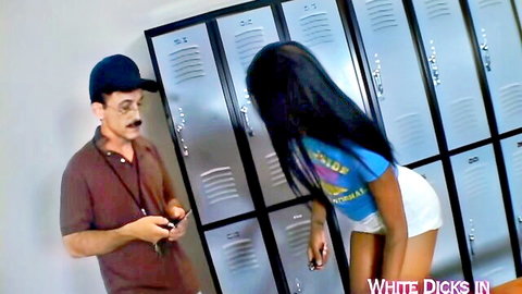 Curvy ebony babe bends over in tiny white shorts showing big black ass to coach in locker room
