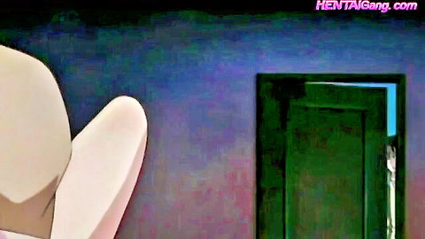Empty hentai bedroom with white plush sofa and open green door teasing mystery