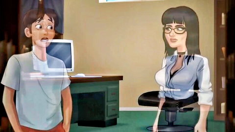 Animated young guy surprised by busty older woman in office, porn cartoon