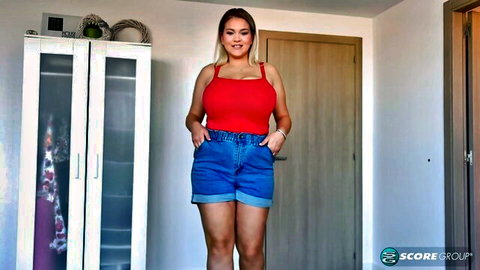 Erin Star curvy blonde in red tube top and denim shorts solo pose