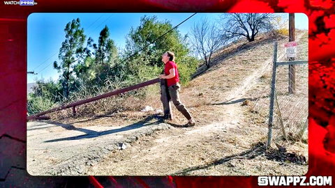 Fit man carrying beam outdoors in Penny Barber Shay Sights MomSwap foursome setup