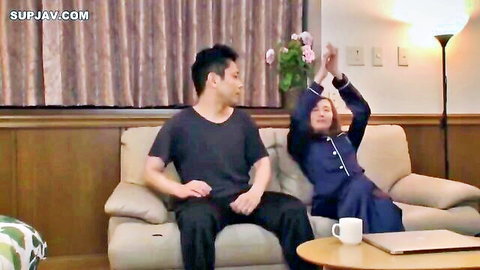 Julia Boin in tight school uniform teases man on couch JAV thumbnail