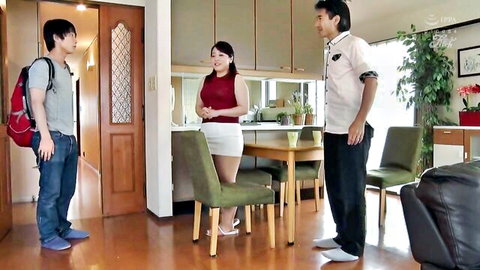 Japanese stepmom in tight red top and tiny white shorts teases two guys in kitchen