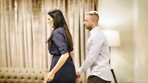 Brunette step-daughter in dark dress walking with step-dad in white shirt