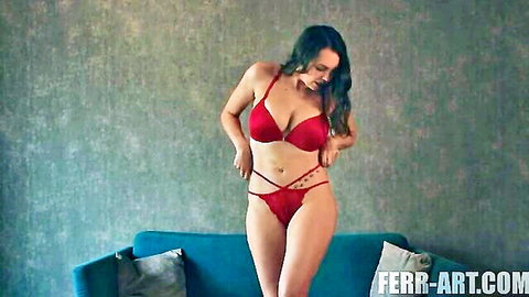 Busty MILF in sexy red lingerie try-on haul showcase