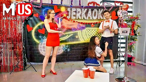 Carolina Cortez in red dress with Apollo Banks and sailor girl in Jerkaoke EP 1