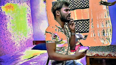Desi man in floral shirt holding phone, thoughtful pose in fake producer adult video scene