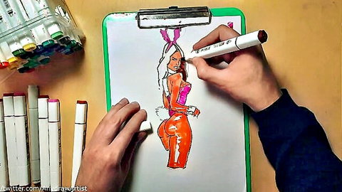 Artist's hand drawing sexy cartoon bunny girl with huge fat ass on whiteboard