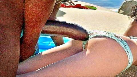 Thick BBC cock rubbing bikini girl's ass on public beach