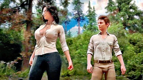 Busty brunette in cleavage-revealing blouse teases young man in forest - The Genesis Order trailer