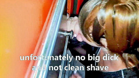 Sexbiosstel peeking through glory hole door, tiny dick disappointment