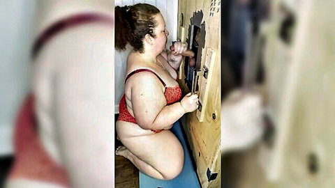 Annabelle Leigh BBW deepthroating BWC at gloryhole in red bra
