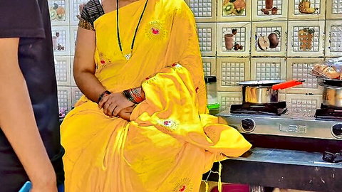 Indian stepmom in yellow saree teased by stepson in kitchen