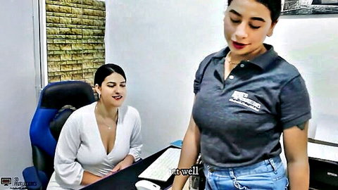 Candyrouse lesbian tease with rector in office, curvy Latinas