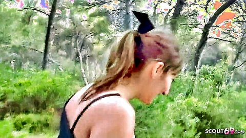 Annie Charlotte mature woman jogging in forest outdoor tease