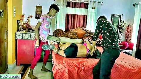 Indian aunty bound in bikini during hot threesome with two men