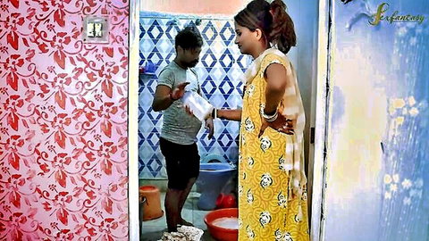 Indian servant flirts with curvy housewife in yellow dress, husband away