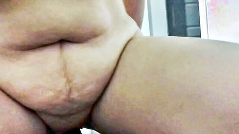 BBW spreads legs exposing hairy pussy big clit and C-section scar belly