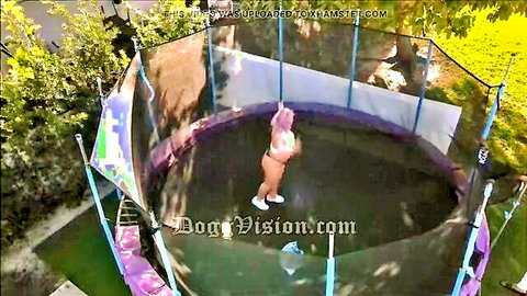 Blonde in pink bikini jumping on backyard trampoline flashing big tits and bubble butt