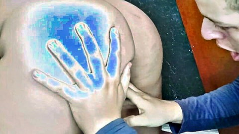 EvayChris big ass with glowing blue handprint, man touching in amateur scene