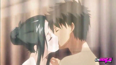 Anime green-haired MILF passionately kisses young guy's neck while groping his bulging cock