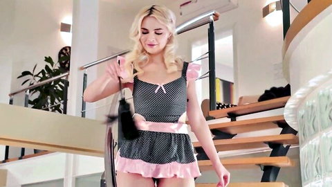 Blonde in sexy maid outfit with pink ruffles, short dress tease