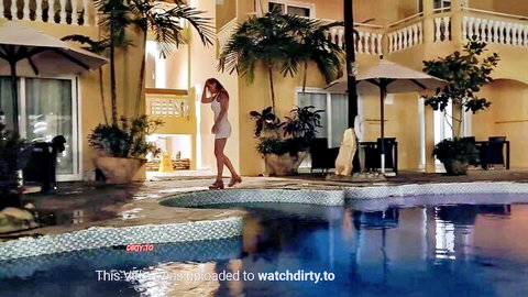 MissJolie109 in wet white dress teasing by pool in wetlook solo play