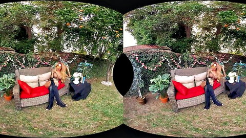 Mia Maffia exposing big tits in black lingerie and red boots, VR outdoor pose
