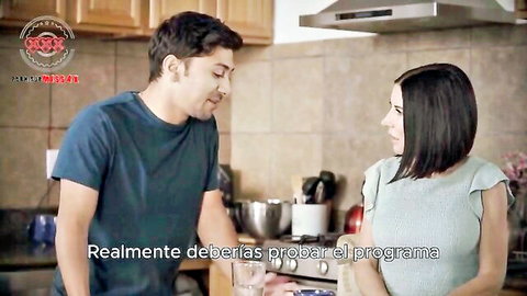 Young skinny brunette with medium tits chats submissively to smiling guy in kitchen