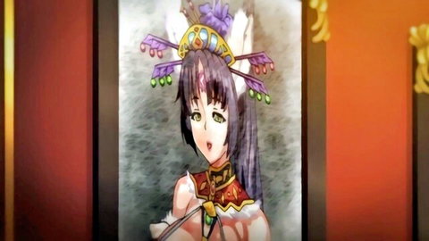 Busty purple-haired hentai foxgirl with massive cleavage in ornate red fantasy dress smiling seductively.