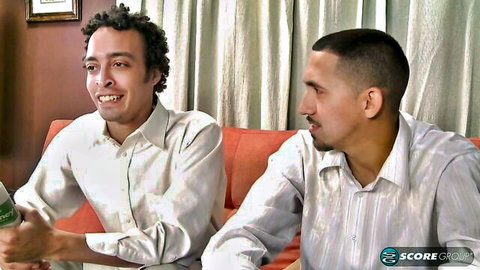 Two Latino men in shirts chat about late rent before Elle Denay's butt pays up
