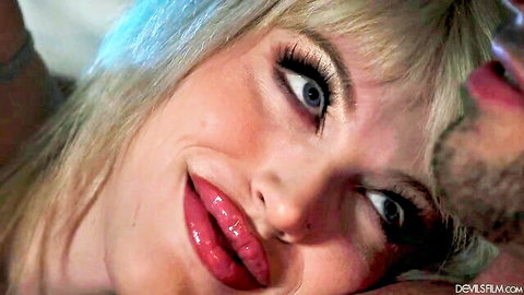 Blonde shemale in steamy threesome fuck scene