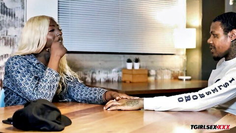 Blonde ebony trans Cache flirts intimately with tattooed partner