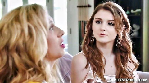 Rosalyn Sphinx as redhead stepdaughter chats with blonde stepmom