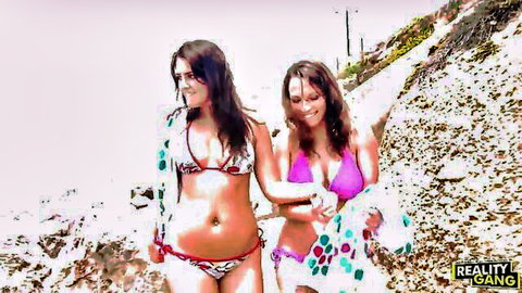 Lily and Bella eyeing Natalia's curvy beach bum in bikinis