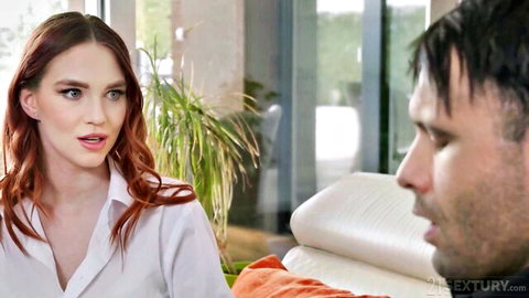 Redhead Leya Desantis in white shirt, intimate talk with man
