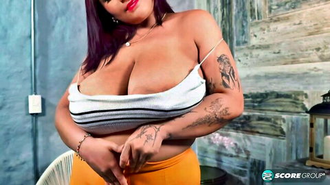 Ashlinx curvy BBW with monster tits teasing in striped top