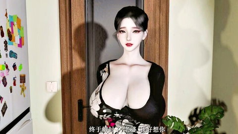 3D Asian woman in sexy black floral dress with huge breasts