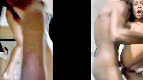 Muscular black guy roughly fucks thick ebony babe's pussy doggy style in kitchen