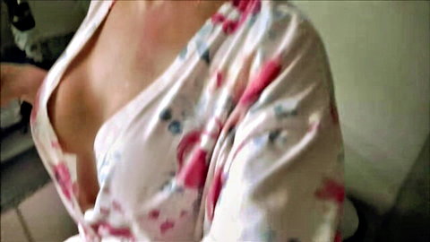 Busty curvy MILF exposing huge bare tits in open pink floral robe