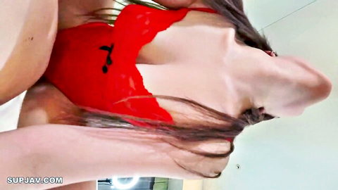 Asian beauty in sheer red lingerie performs intense POV blowjob uncensored