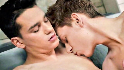 Two young slim lads in passionate embrace, bare torsos, gay bareback preview