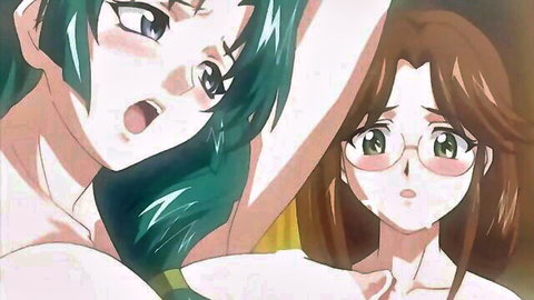 Ahegao-faced green-haired hentai MILF with big tits raises arm beside surprised glasses Japanese girl