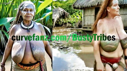 Busty tribal women with humongous knockers posing topless in jungle, titjob tease