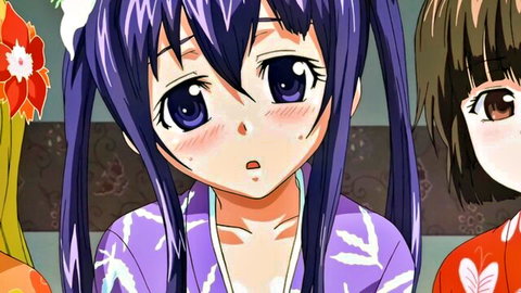 Two cute hentai sisters in revealing yukata, purple twintails and brown hair, blushing ecchi tease