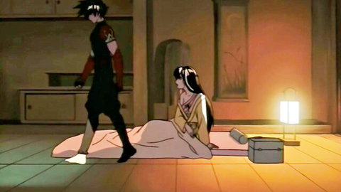 Anime guy in black outfit approaches long-haired girl in kimono lying on futon in hentai room
