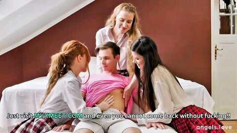 Molly A with blonde and redhead friends tease plump guy on bed