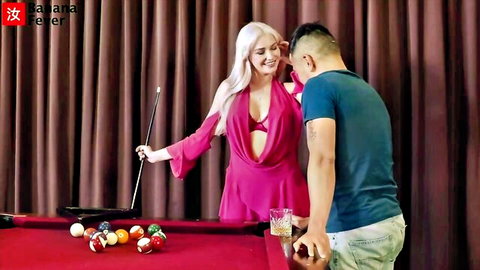 Skye Blue blonde in revealing pink dress teasing Asian guy over pool table